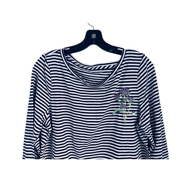 TALBOTS EMBROIDERED THISTLE STRIPE TEE Cotton Blue White Size XL/P - Picture 4 of 9